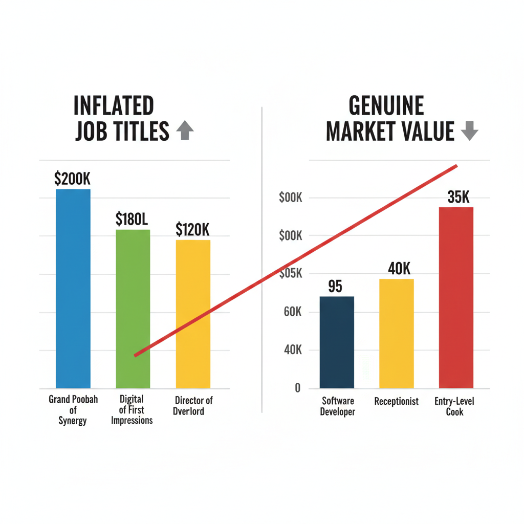 Comparison of inflated job titles and genuine market value.