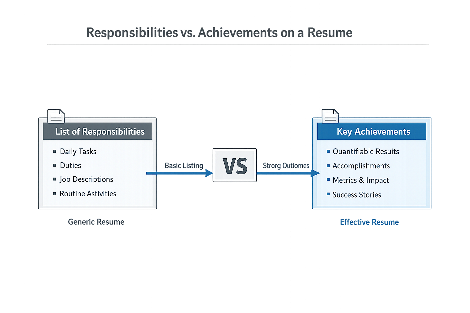 Diagram comparing responsibilities versus achievements on a resume.