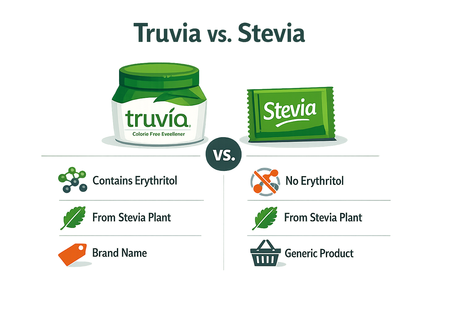 Comparison of Truvia and Stevia packaging with key facts.