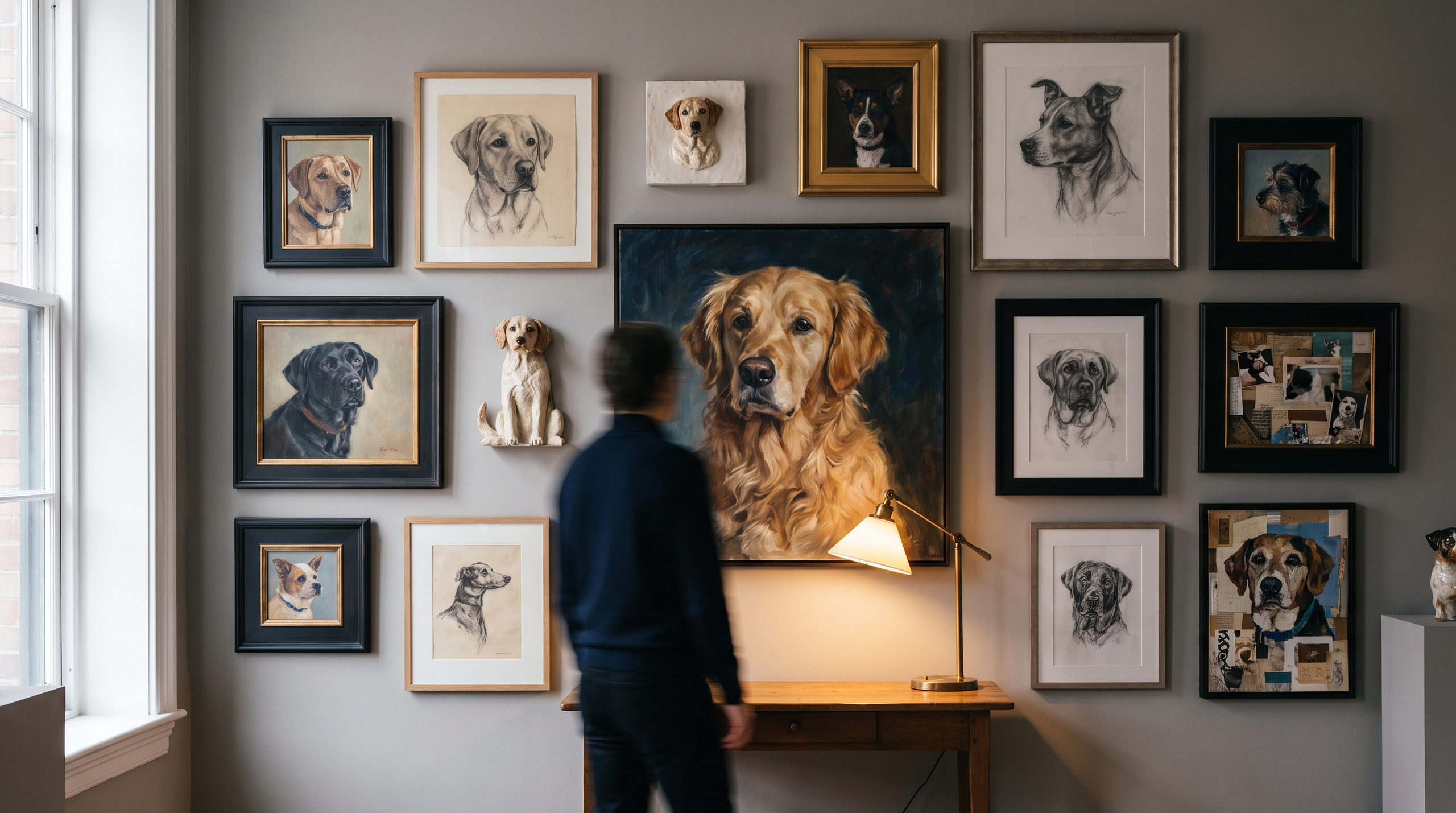 A collection of artistic pet portraits showcasing various styles.