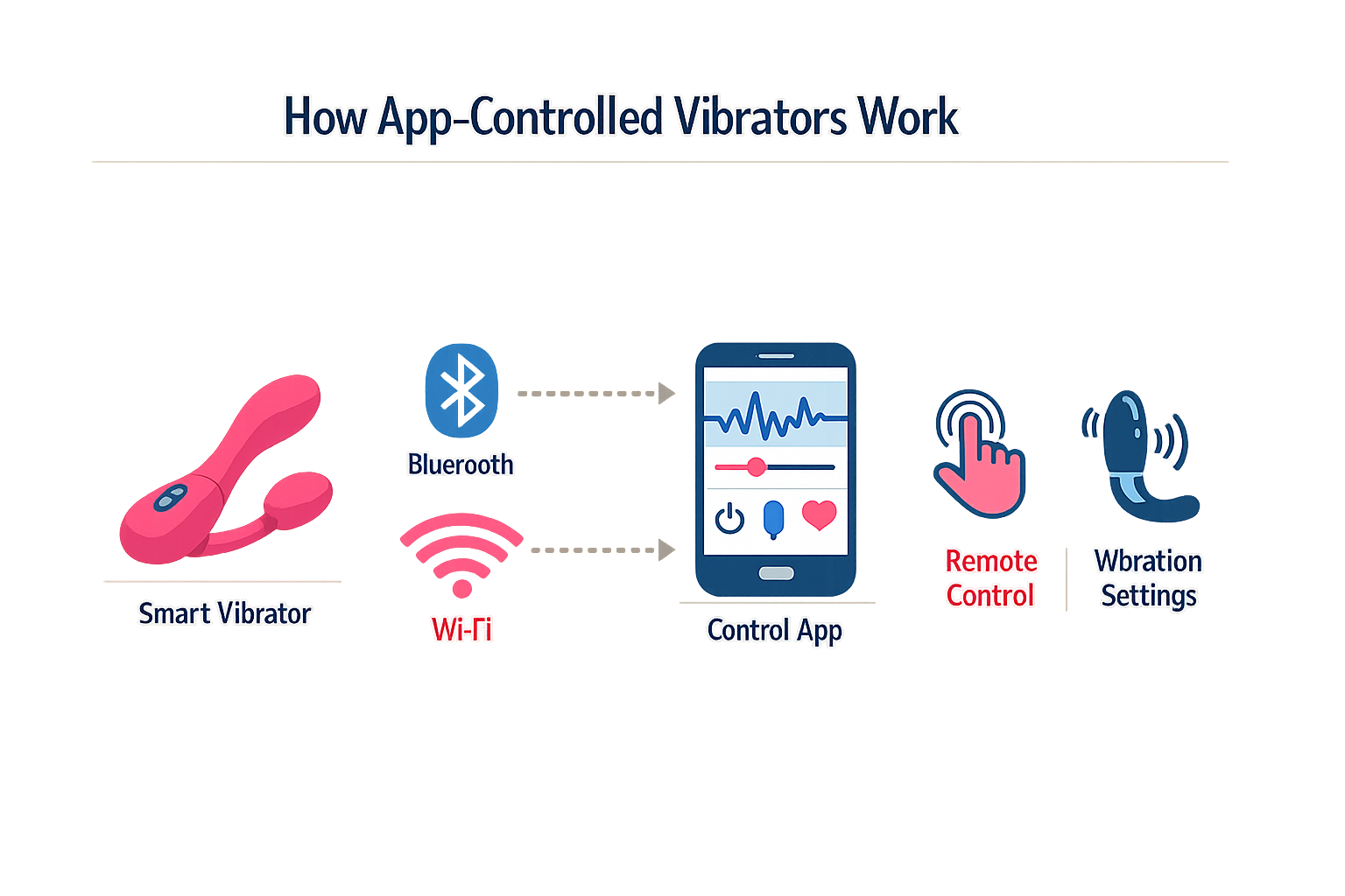 Infographic showing how app-controlled vibrators connect via Bluetooth and function through smartphone apps