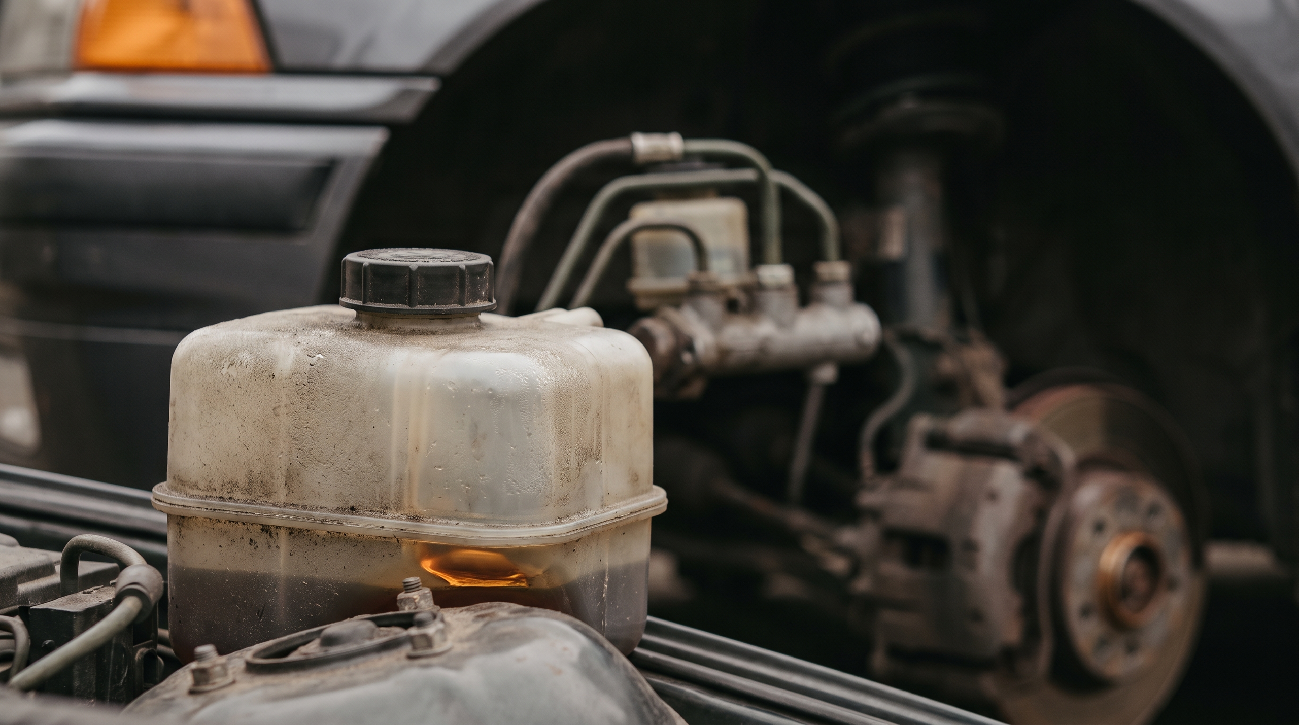 BMW brake fluid container with vehicle background