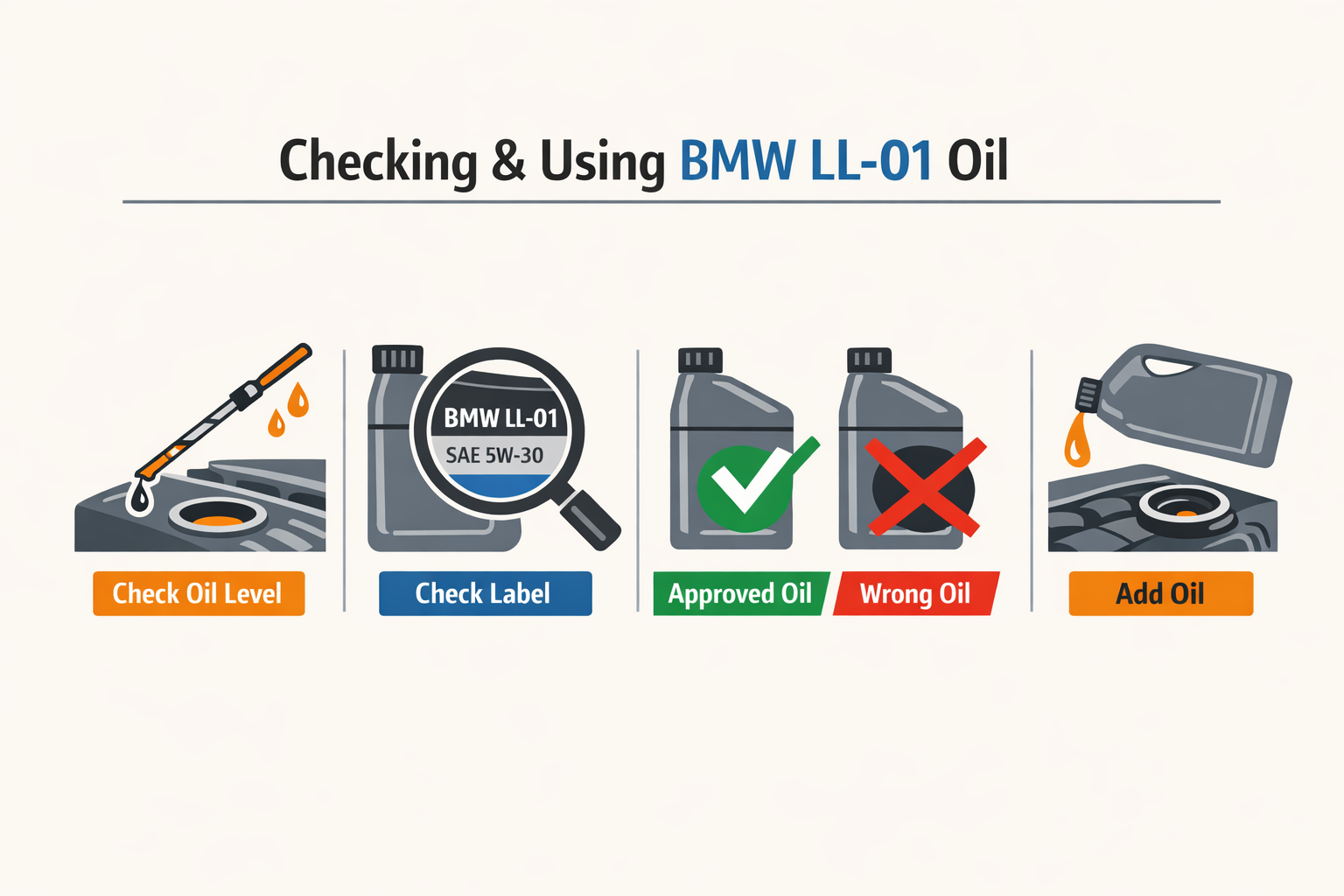A visual guide for checking and using BMW LL-01 oil.