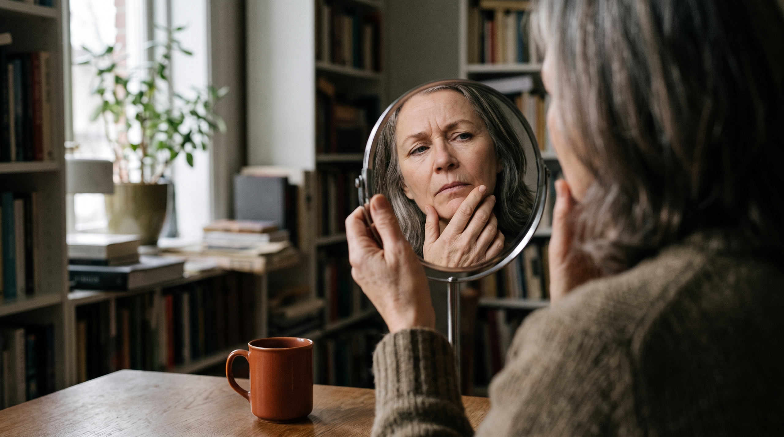A mature woman examining her chin in a mirror.