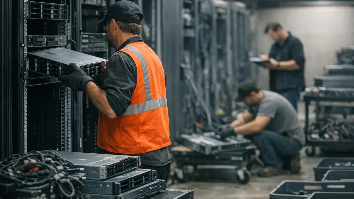 Workers decommissioning a data center