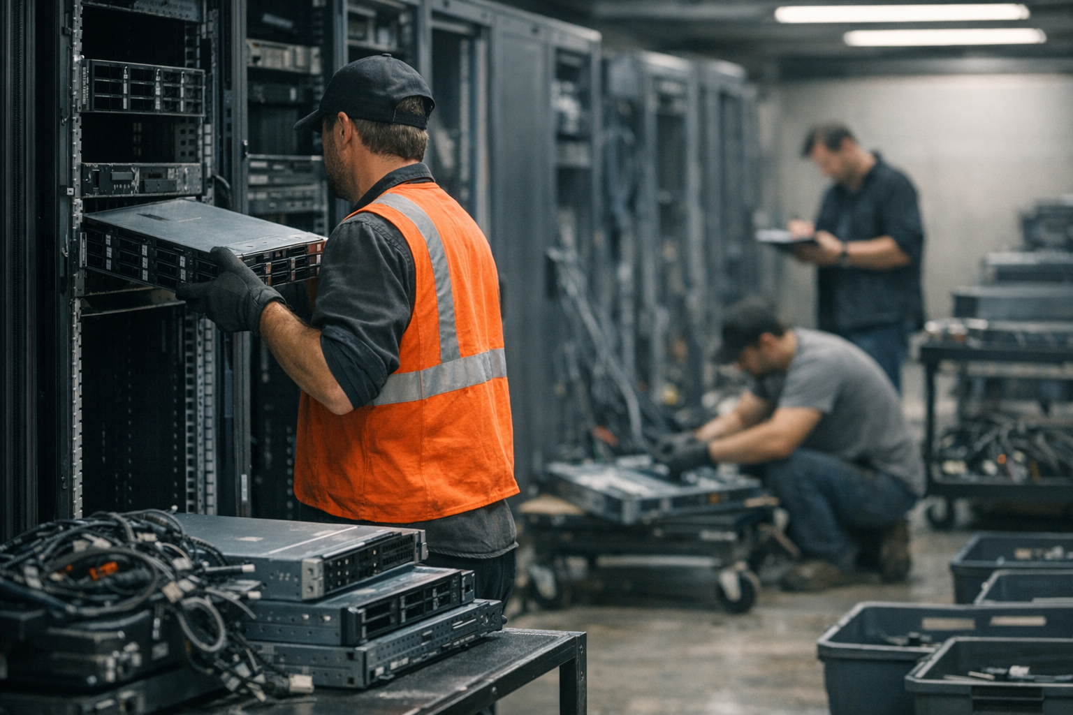 Workers decommissioning a data center