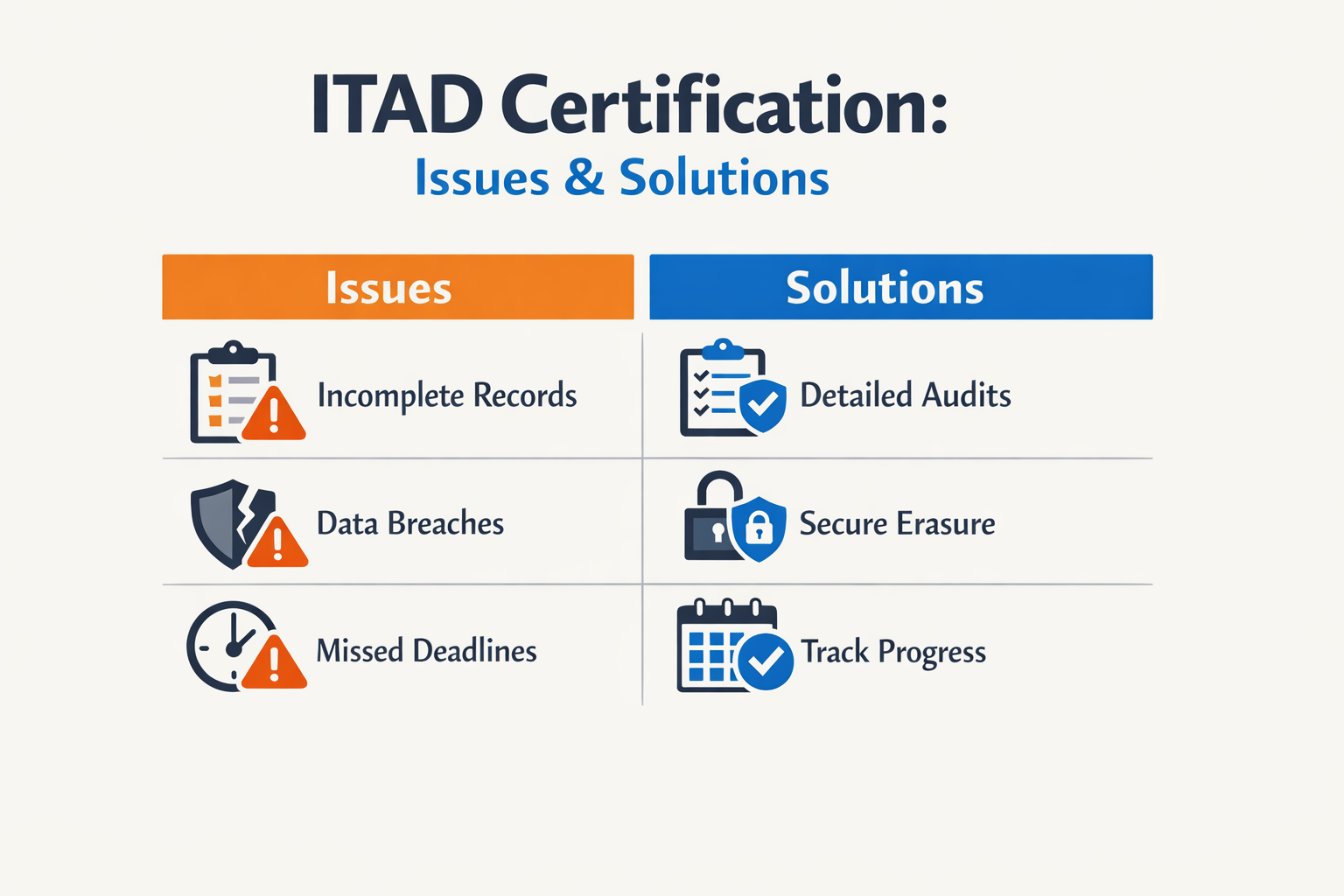 Infographic showing common certification challenges and practical solutions for ITAD r2v3 certification compliance