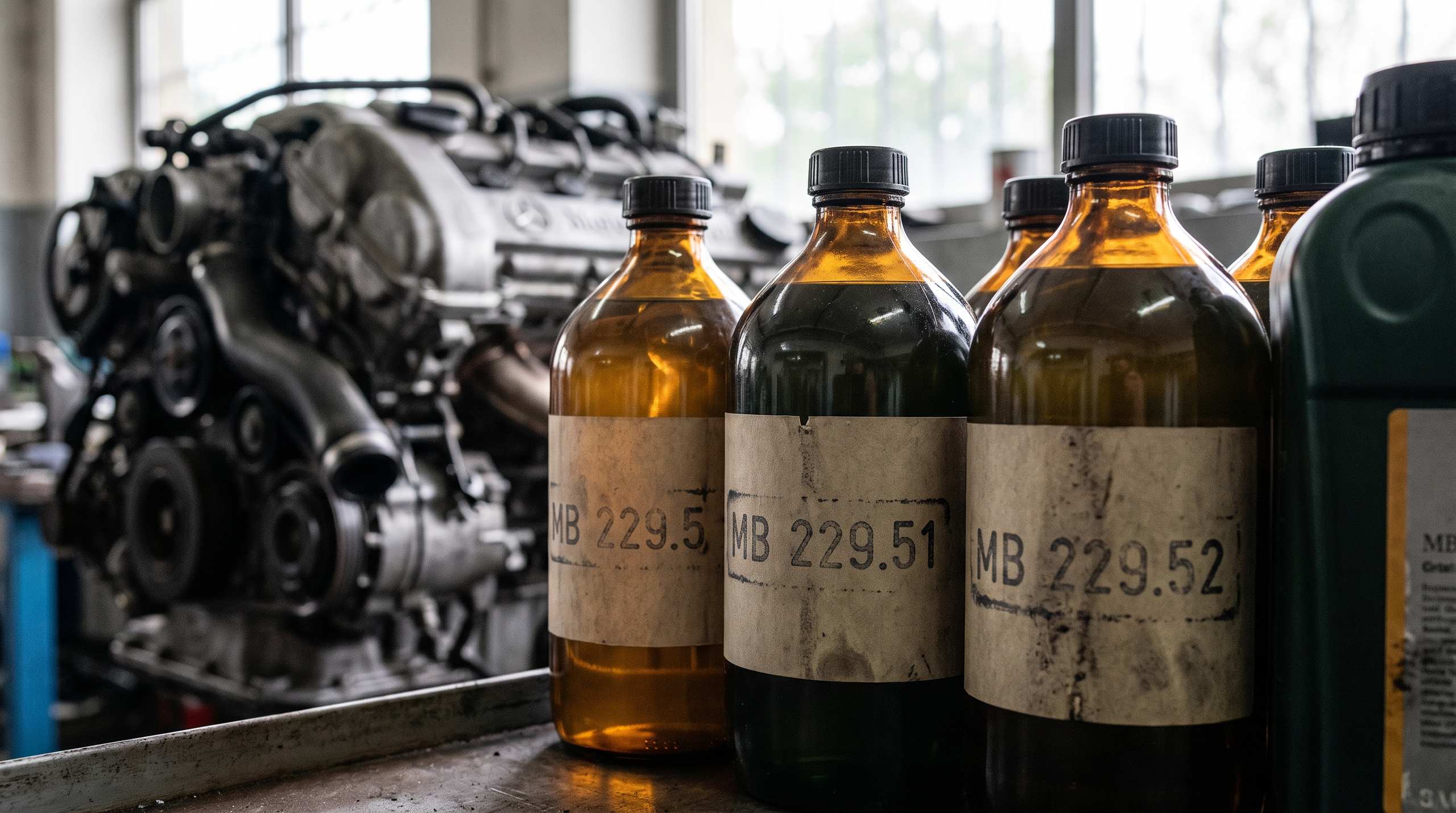 Close-up of Mercedes-Benz engine oil bottles with engine in background
