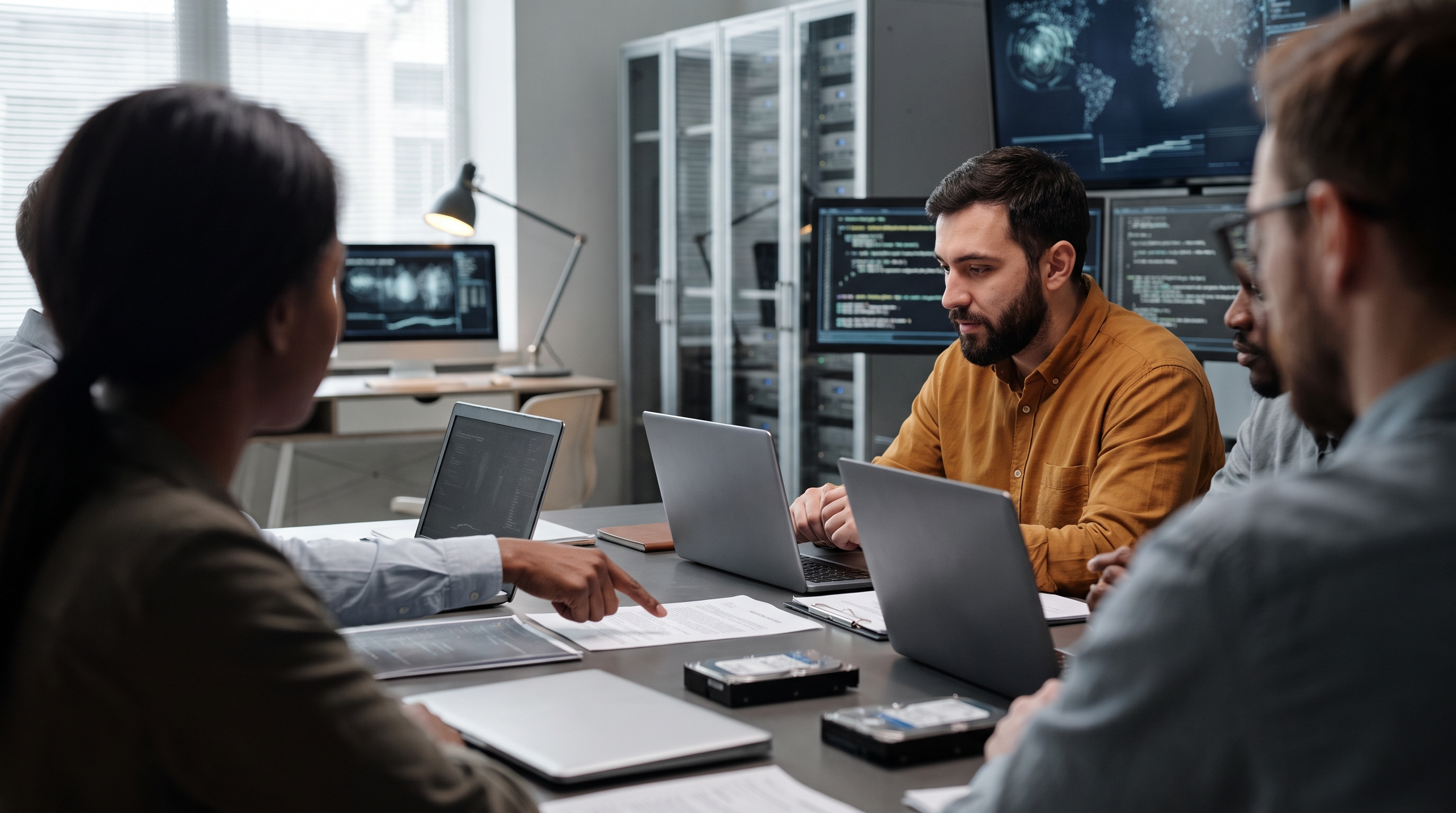 A team of IT professionals discussing data sanitization practices.