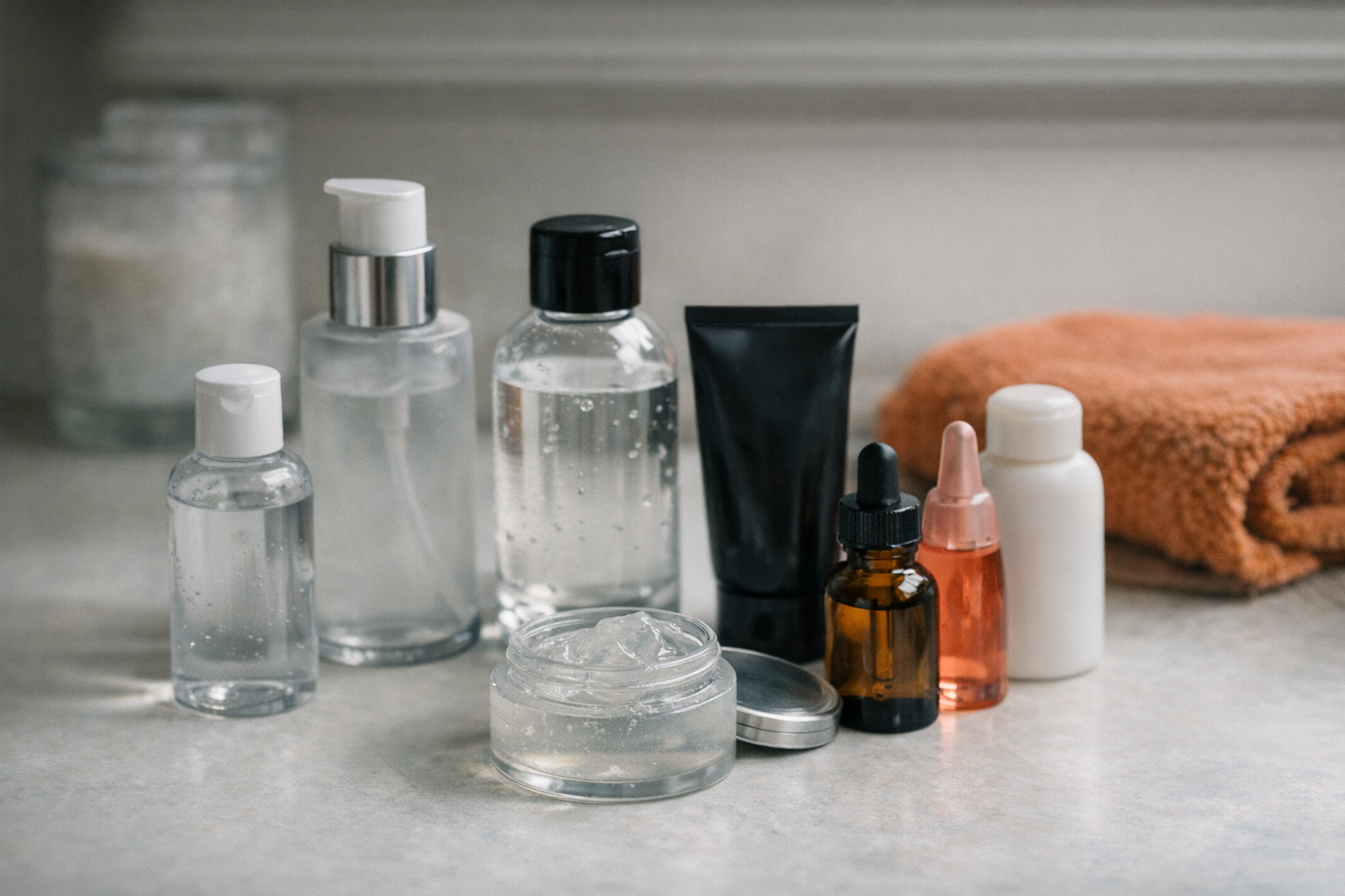 Variety of sex lubes on a clean surface