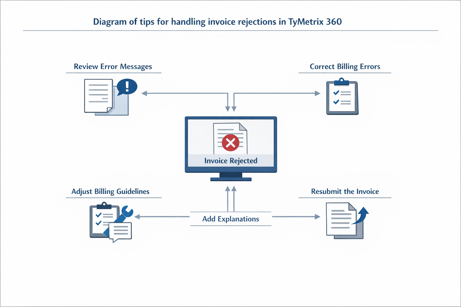 Diagram of tips for handling invoice rejections in TyMetrix 360.