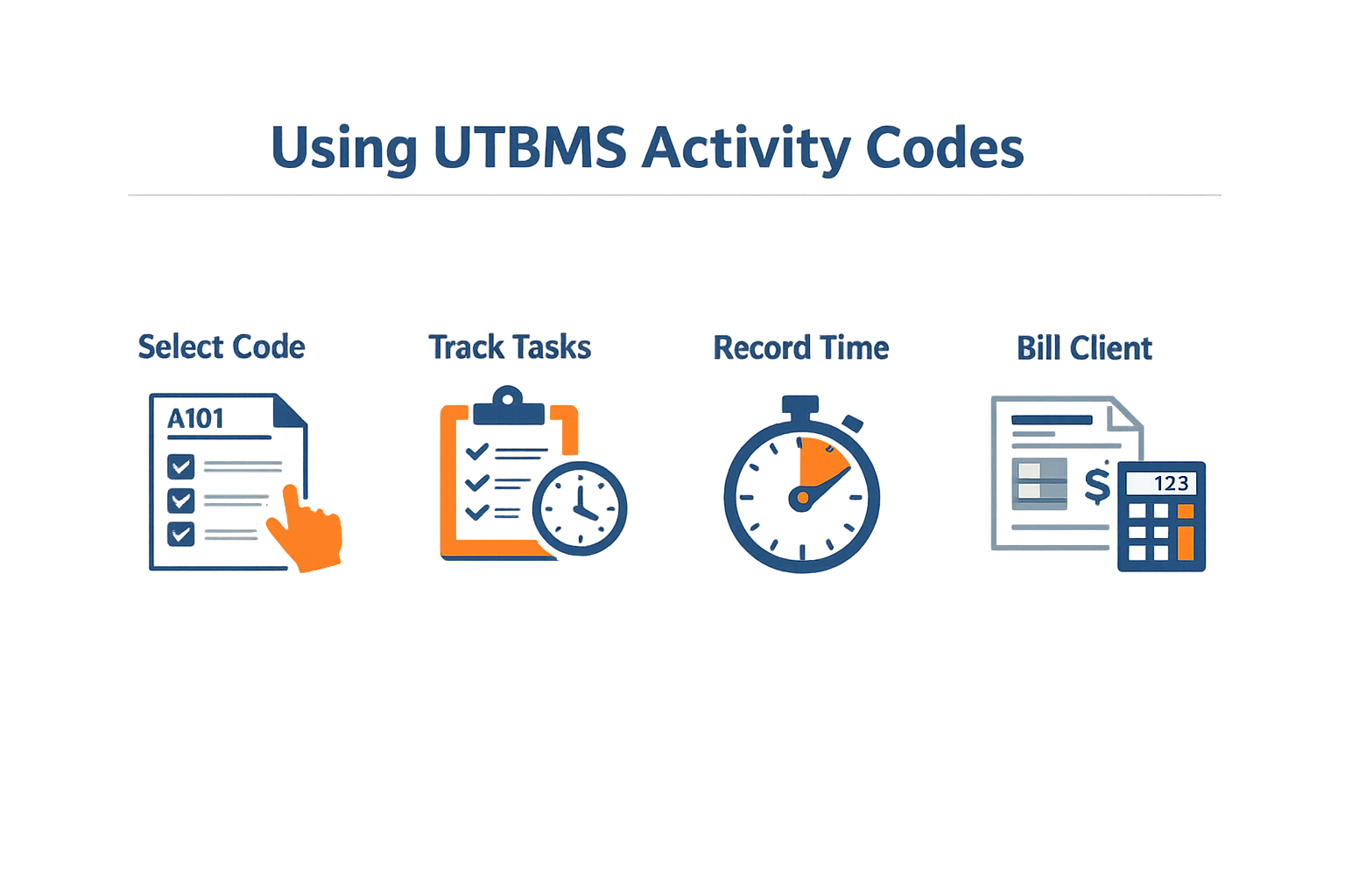 Infographic showing step-by-step workflow for applying UTBMS Activity Codes A101–A111 in legal billing systems
