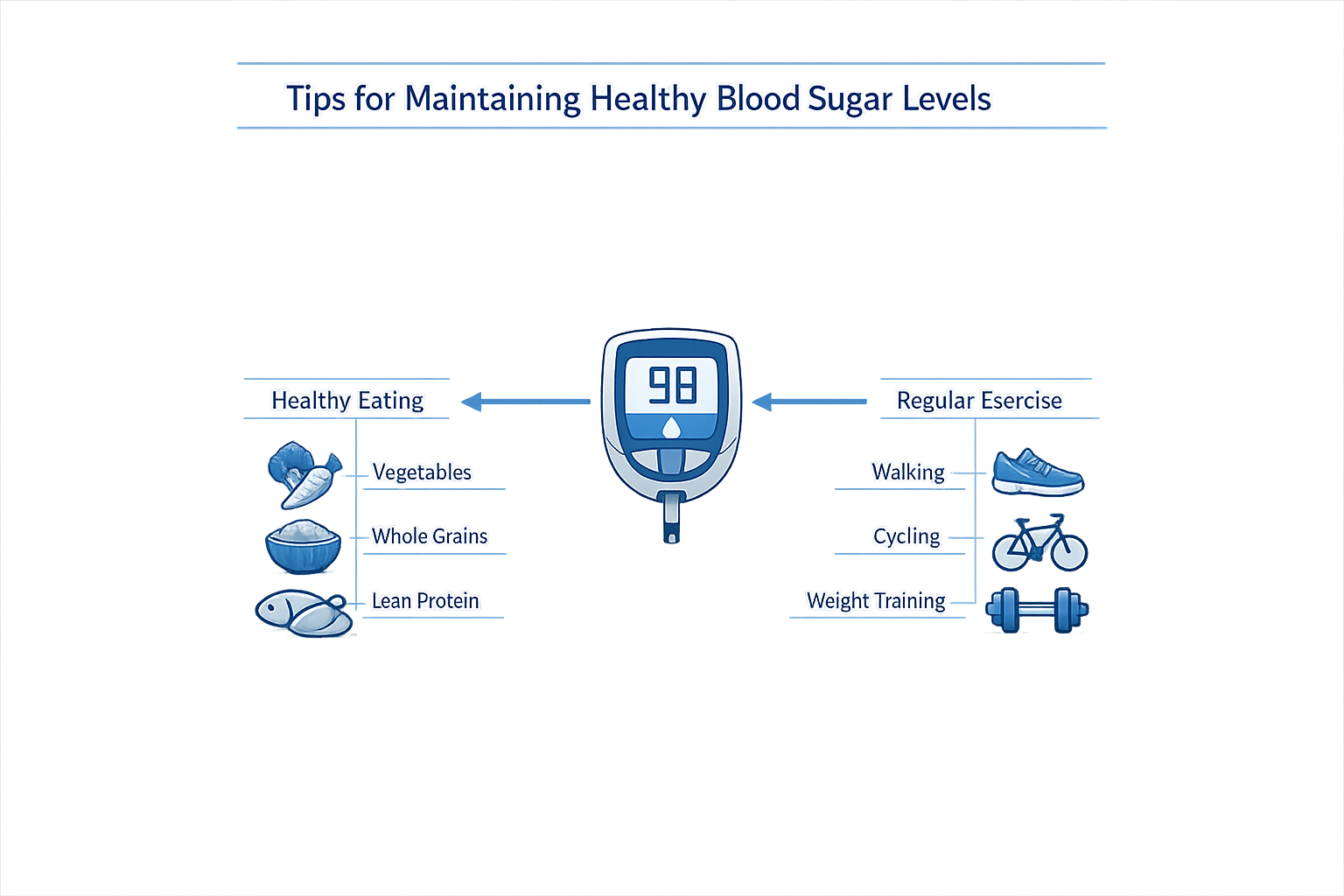 Diagram with tips for maintaining healthy blood sugar levels.