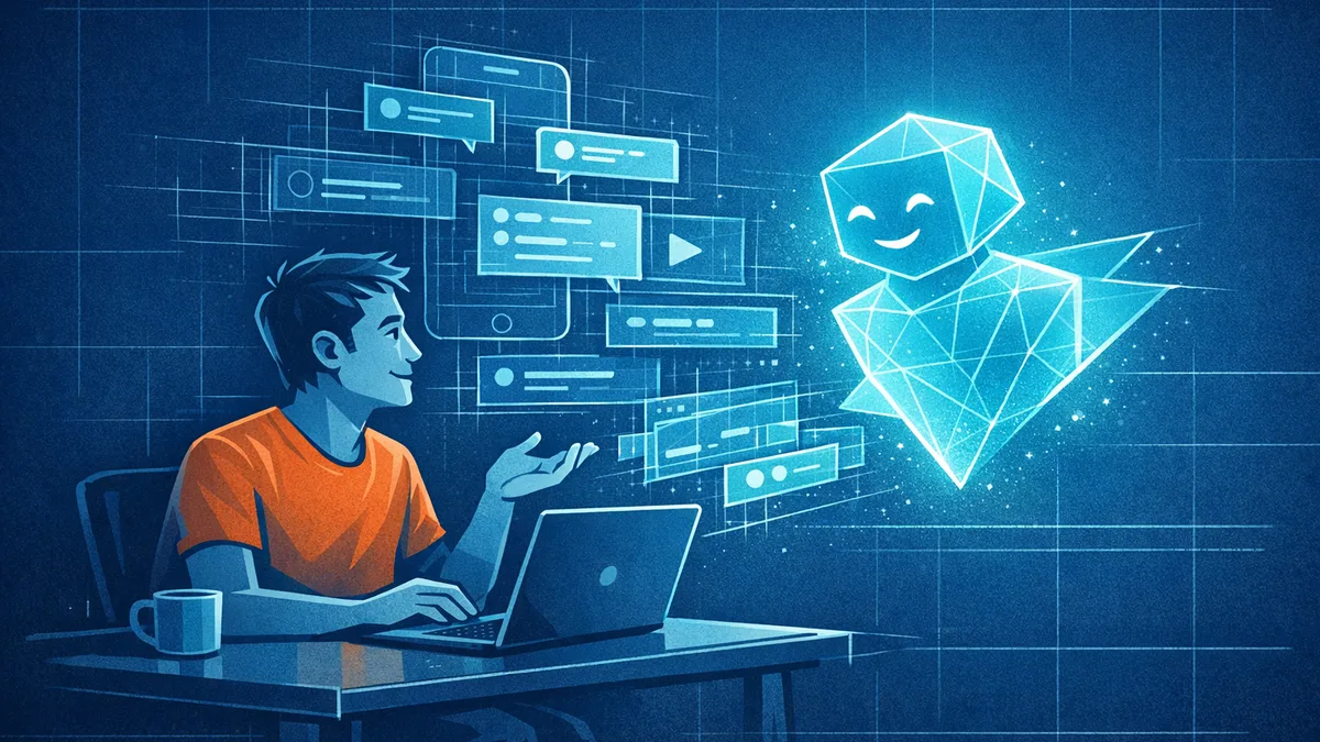 Founder at a laptop collaborating with a glowing geometric AI assistant assembling app screens