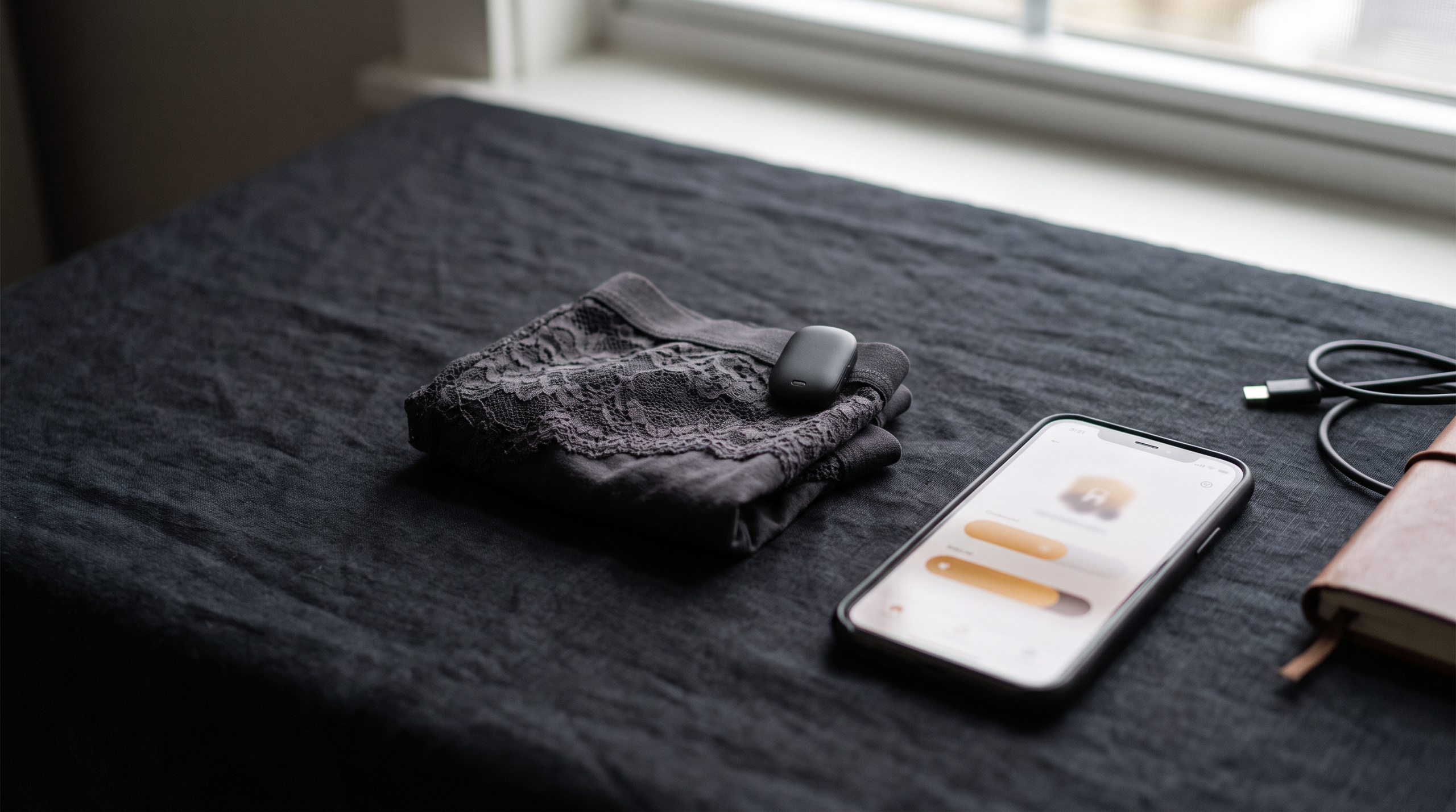 Stylish flat lay of vibrating panties and a smartphone.
