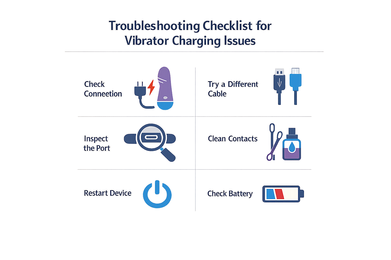Troubleshooting checklist for vibrator charging issues.