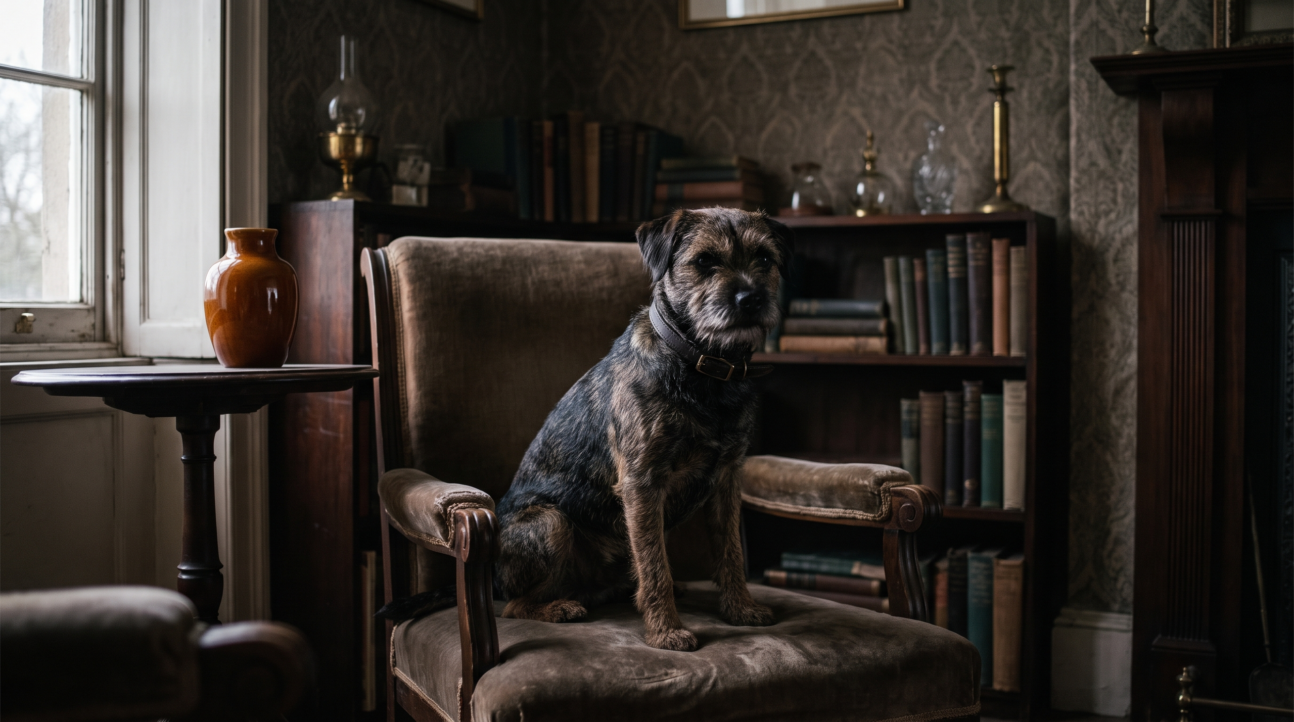 Victorian pet portrait of a dog in an elegant setting.