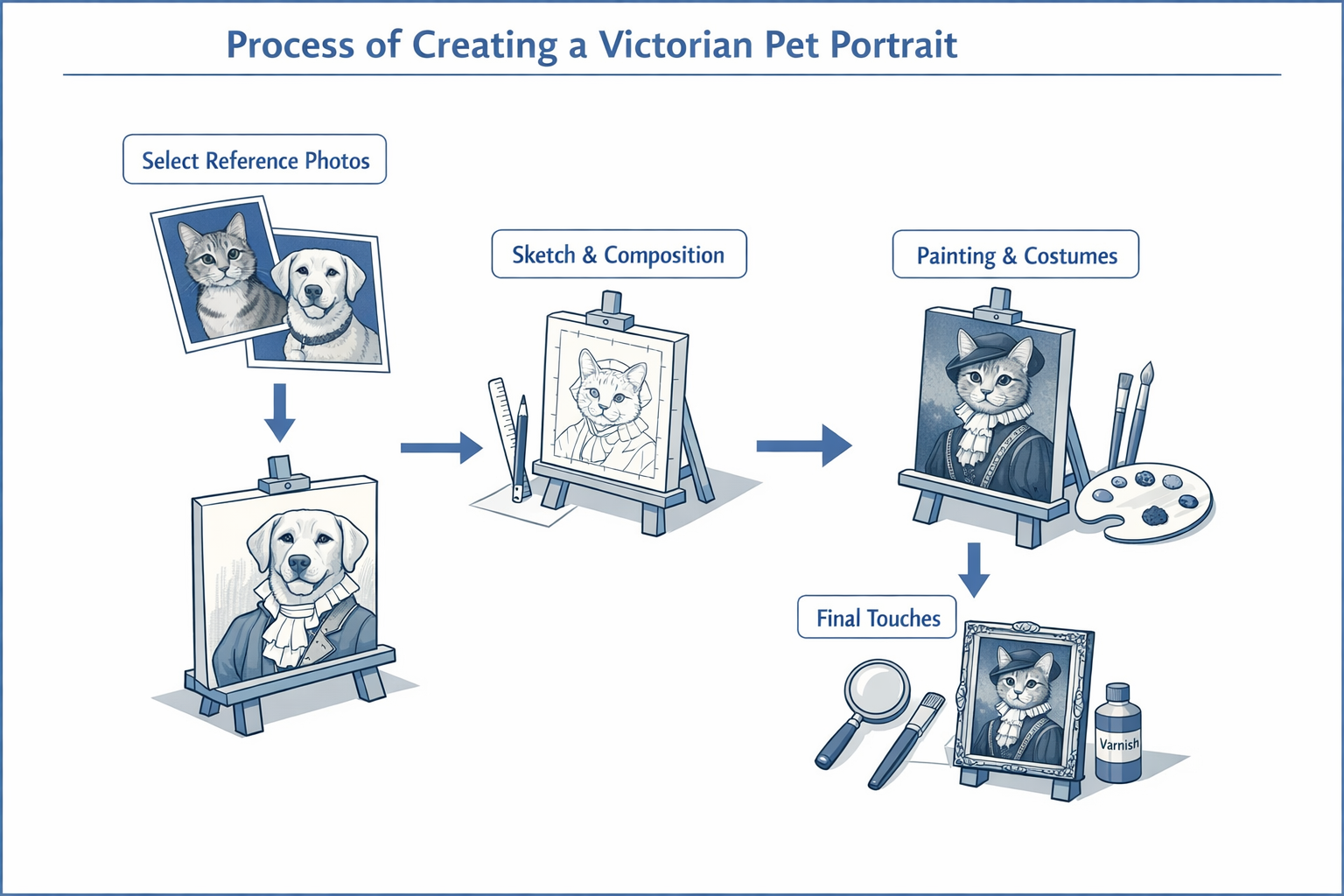 Diagram of the process for creating a Victorian pet portrait showing photo selection and artistic transformation steps