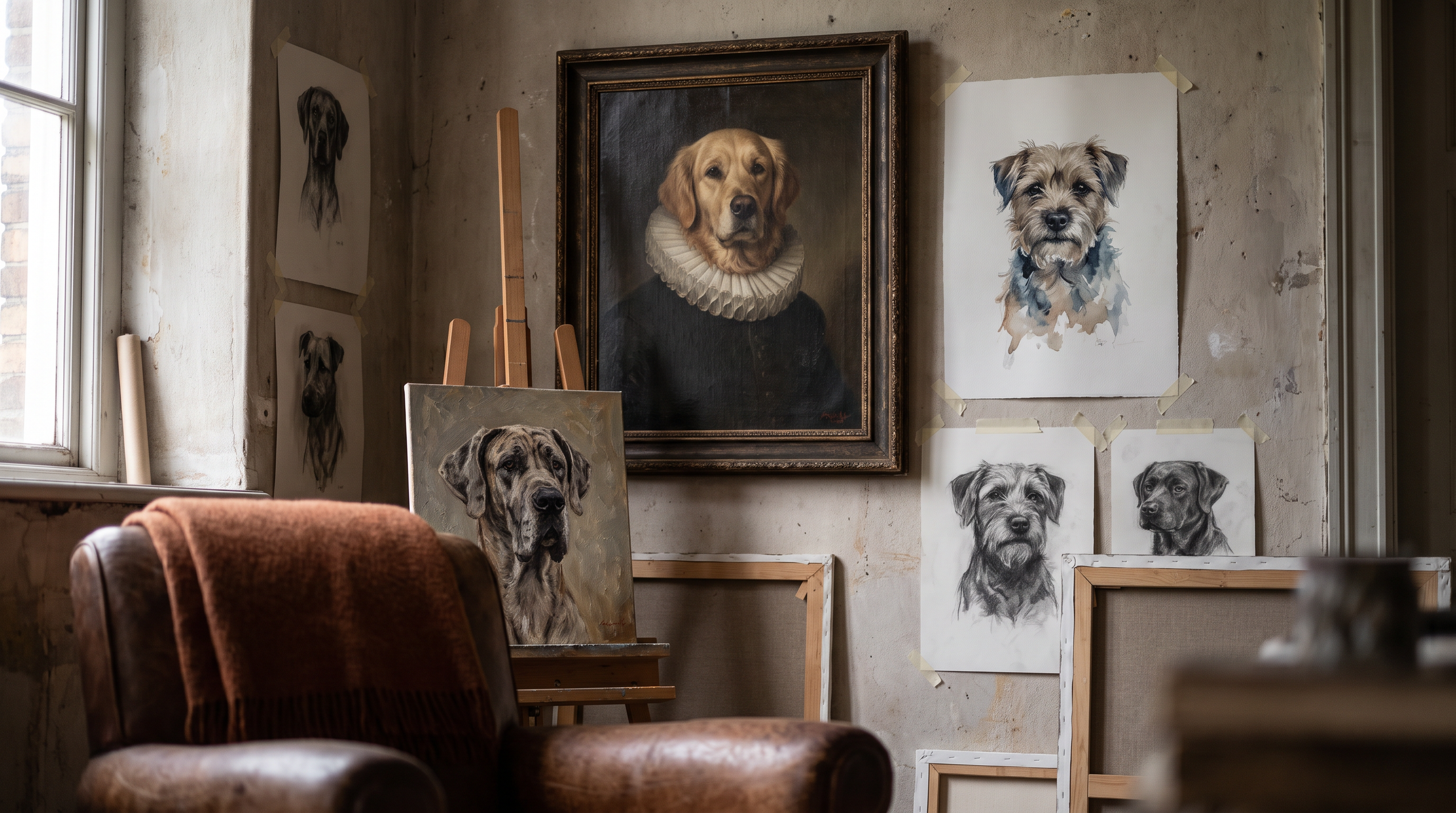 Collage of dog portraits in various painting styles.