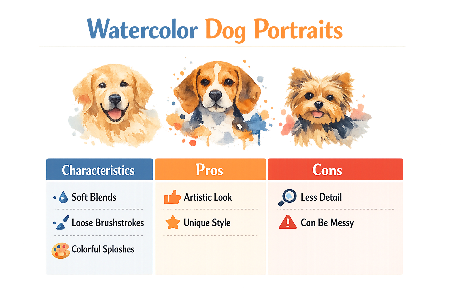 Infographic on watercolor painting style for dog portraits.