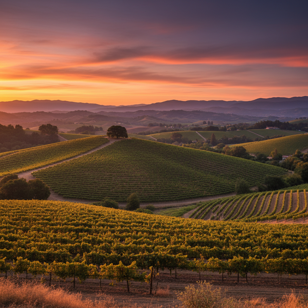 Illustrative vineyard landscape at sunset; exact location unverified