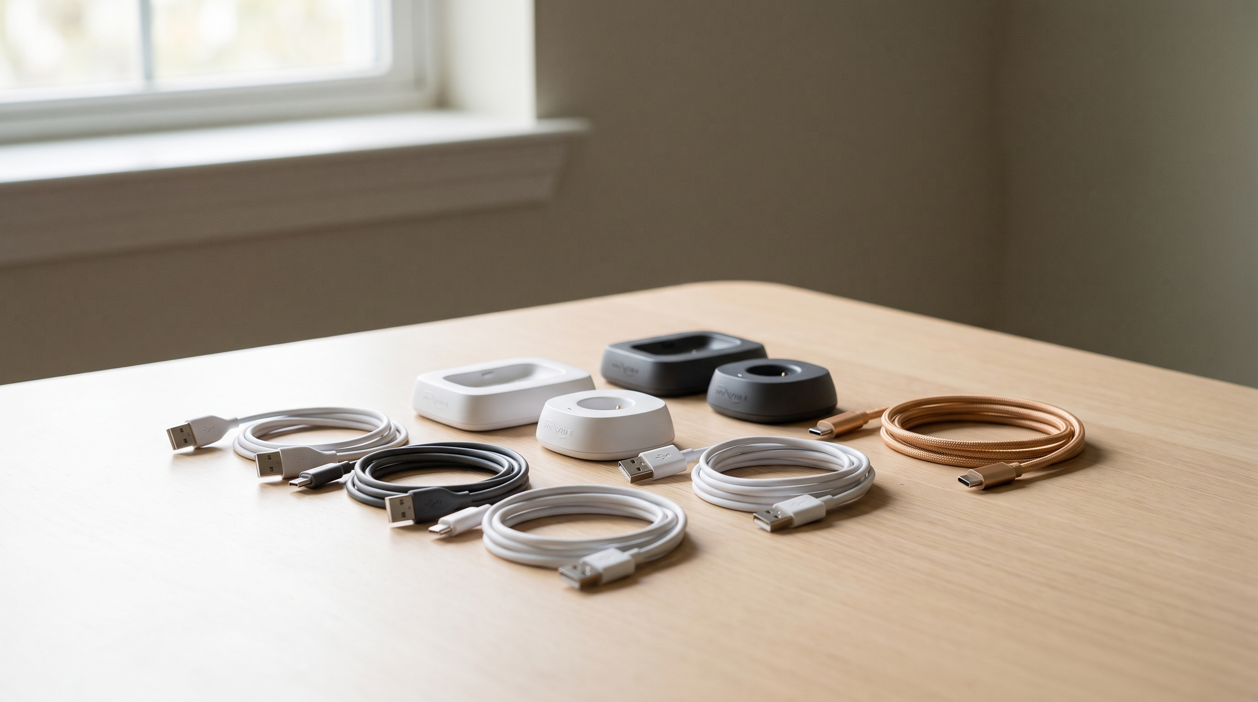 Various We-Vibe chargers, cables, and docks