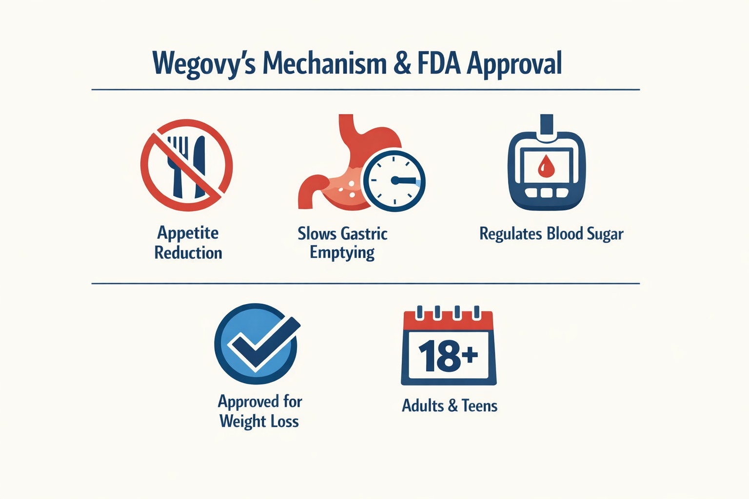 An infographic on Wegovy's mechanism of action and FDA approval