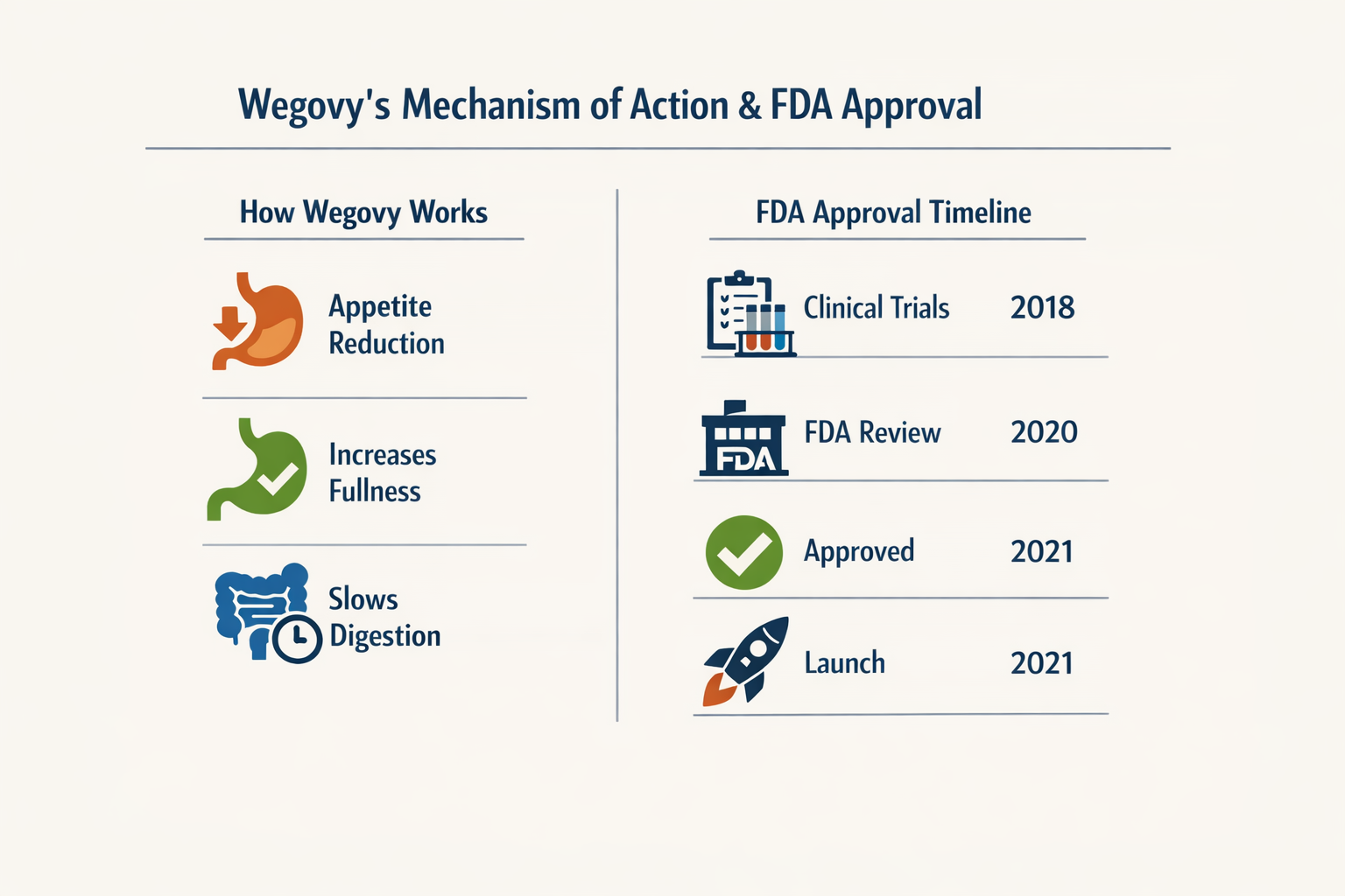 Infographic on Wegovy's mechanism of action and FDA approval
