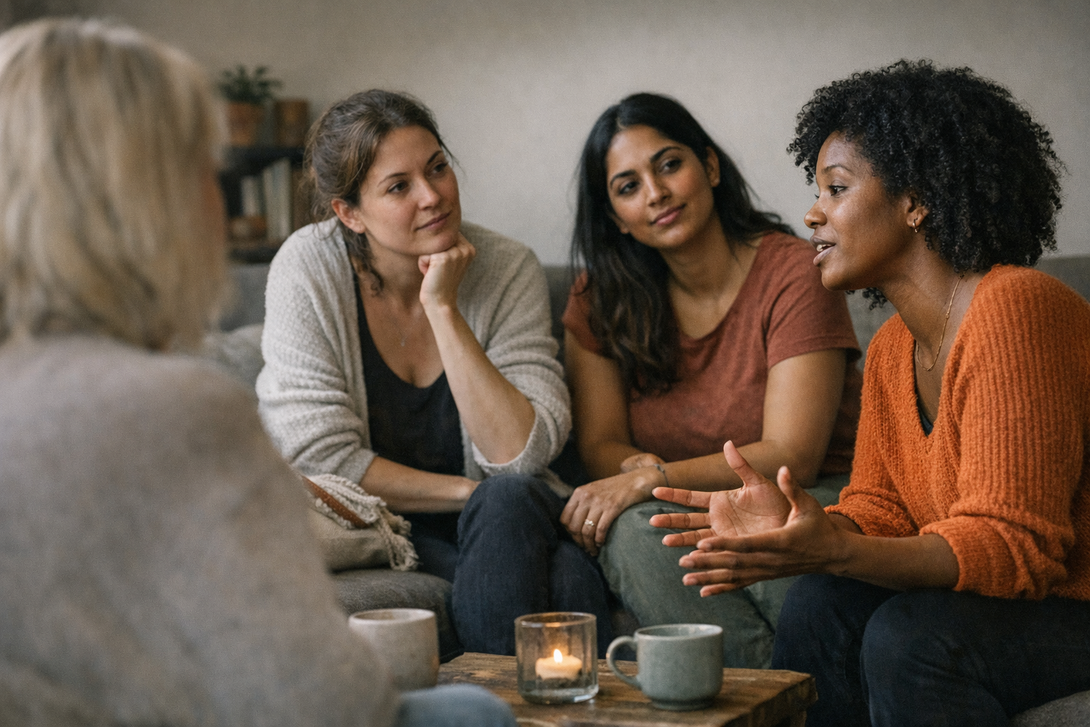 Women discussing female orgasms in a comfortable environment.