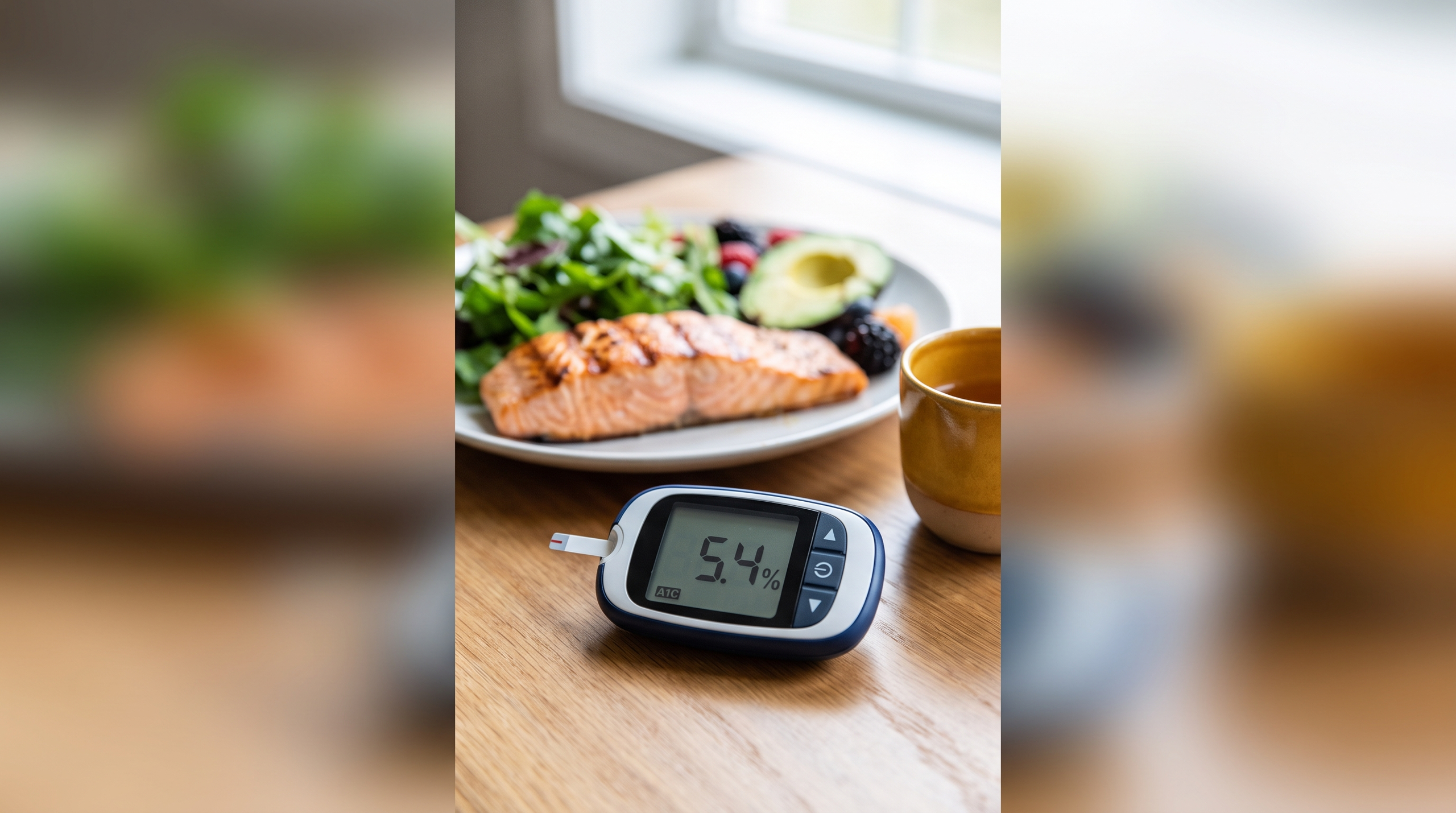 Blood glucose meter with A1C level and healthy meal
