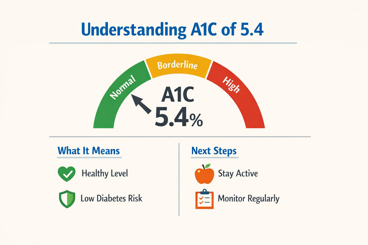 Infographic explaining A1C of 5.4 and health implications.