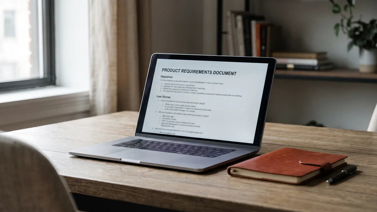 A workspace with a PRD on a laptop.