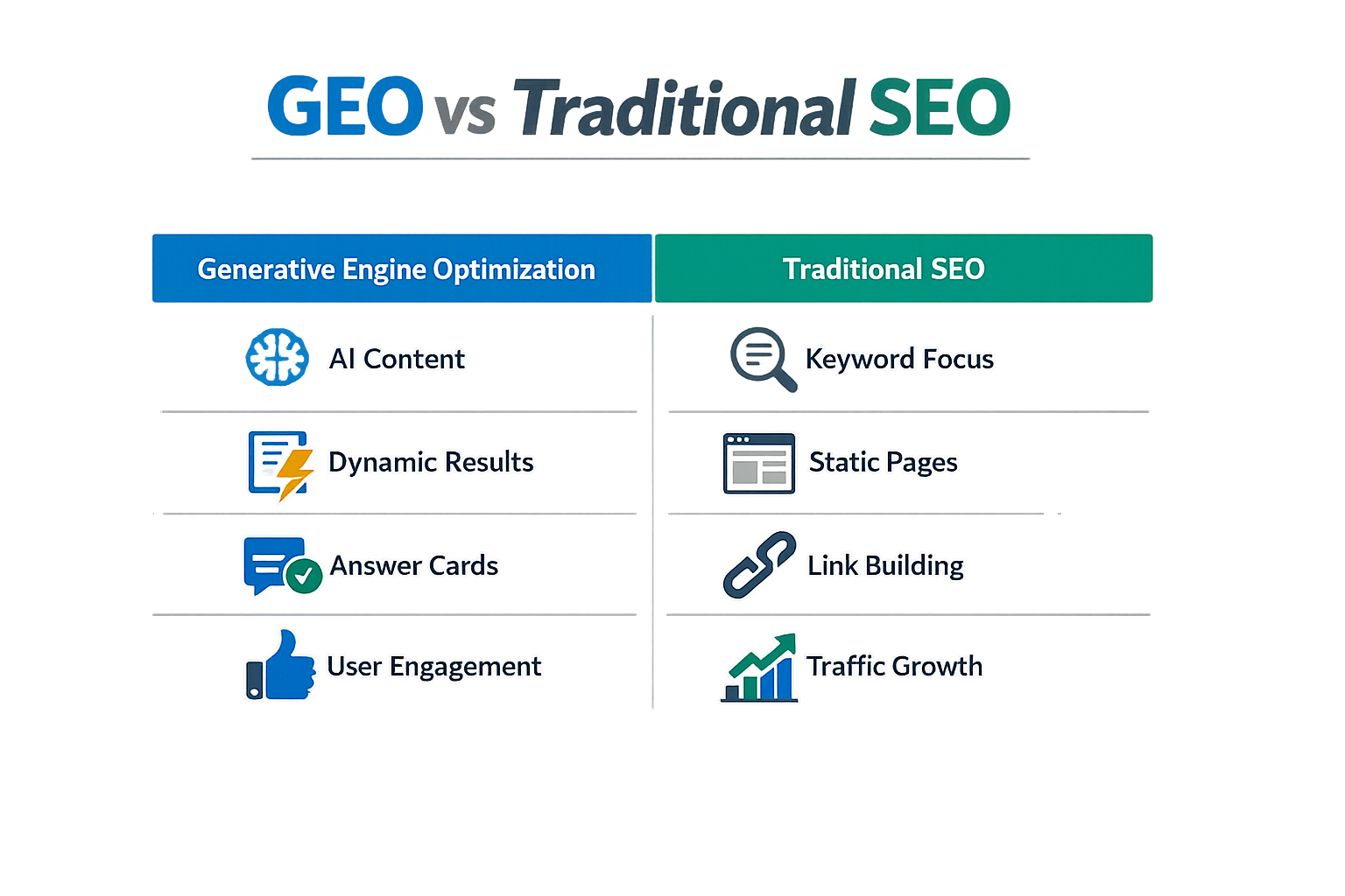 Comparison chart of GEO vs traditional SEO showing retrieval focus versus ranking focus