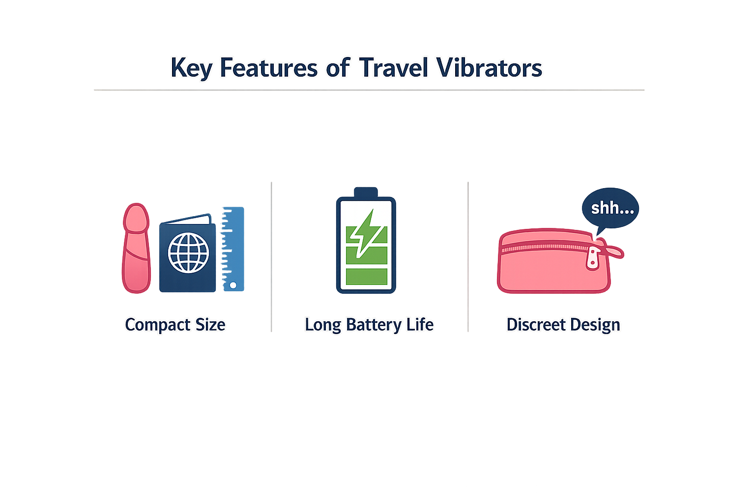 Infographic showing key features of travel vibrators including compact size, quiet motors, TSA-friendly design, and long battery life