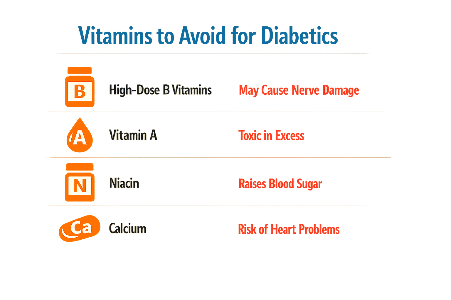 Infographic showing vitamins diabetics should avoid with warning symbols and blood sugar monitoring context