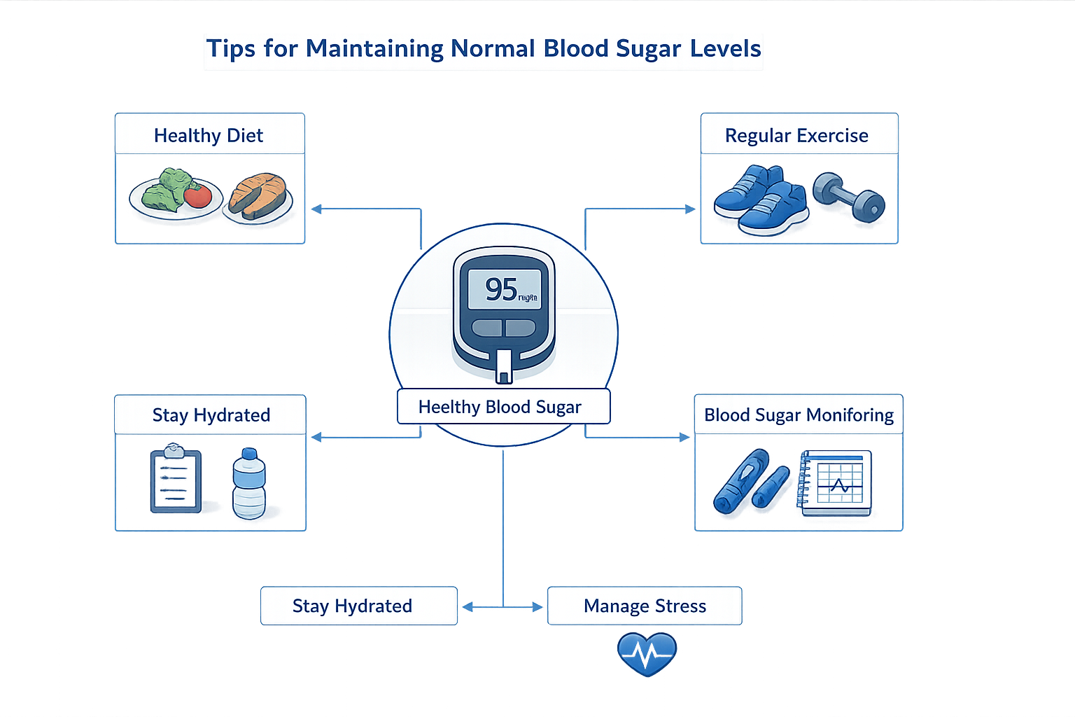 Diagram with tips for maintaining normal blood sugar levels.