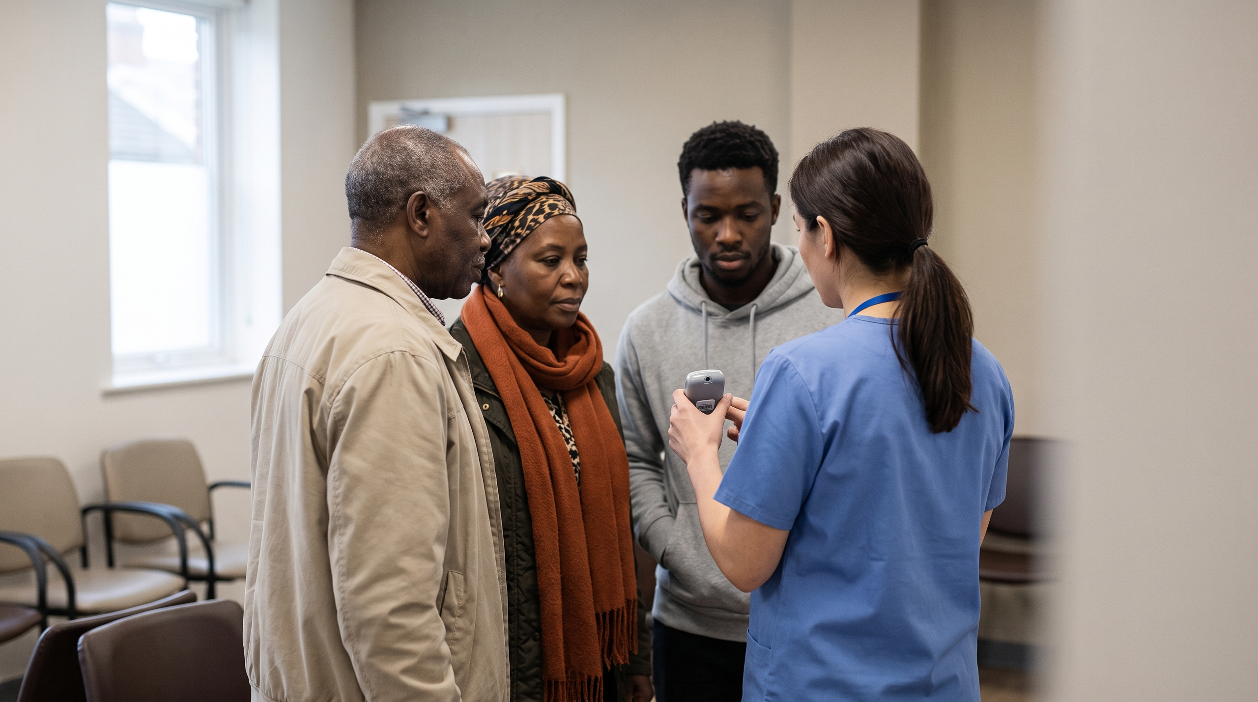 Healthcare professional discussing blood sugar levels with patients.