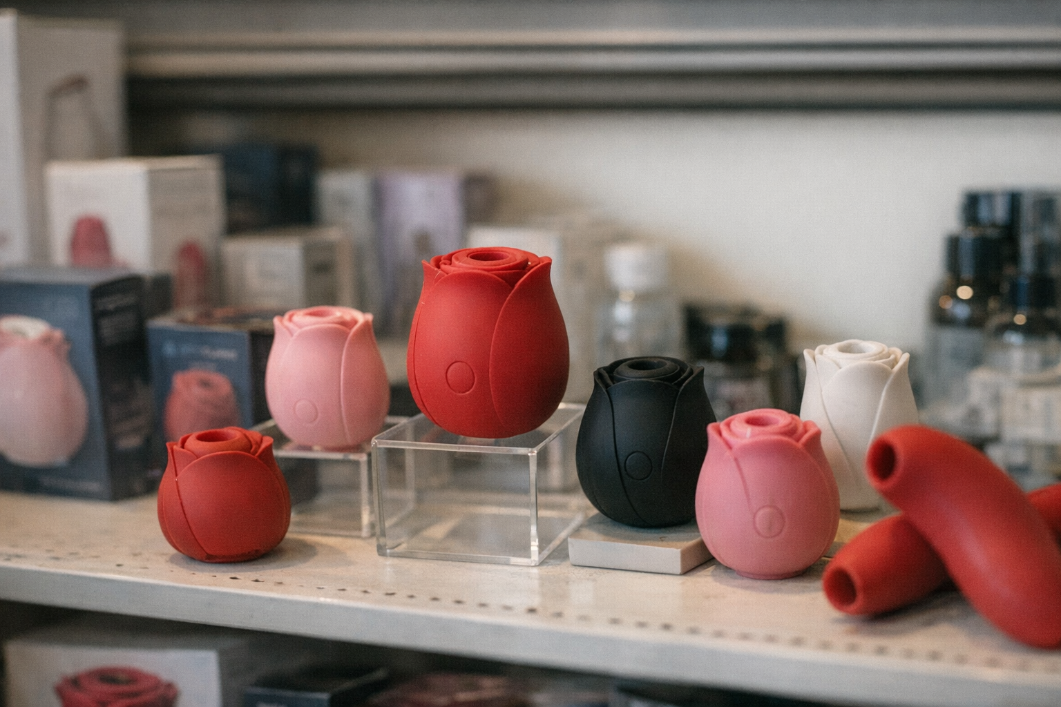 Various rose toys in a retail setting