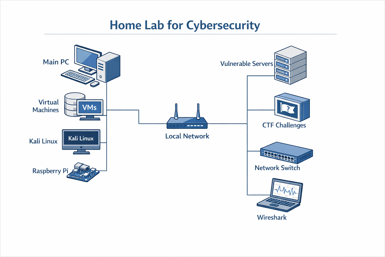 Diagram of a home lab for cybersecurity showcasing home-lab and CTF experience