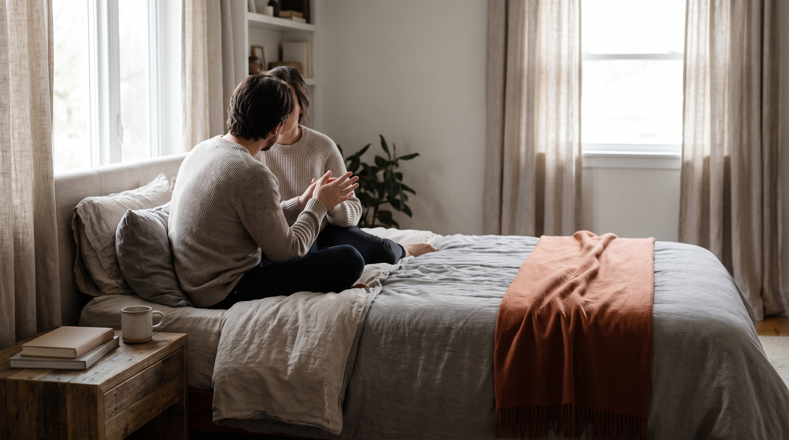 A couple discussing sexual health in a comfortable bedroom setting.