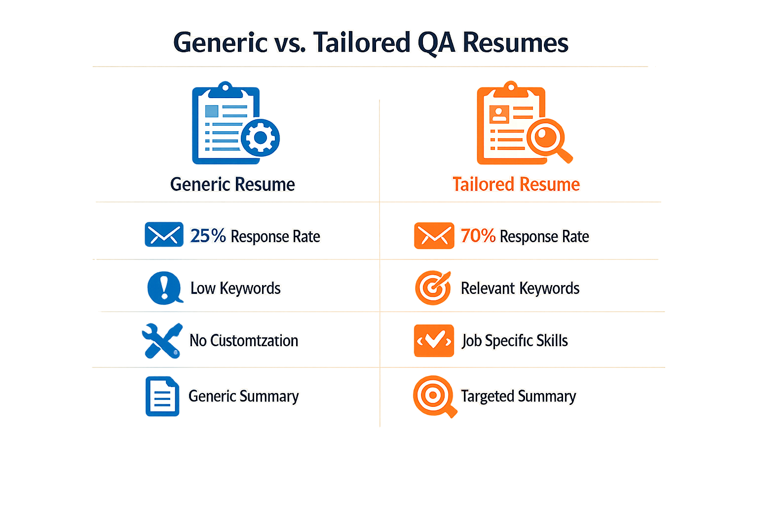 Infographic comparing generic and tailored QA resumes