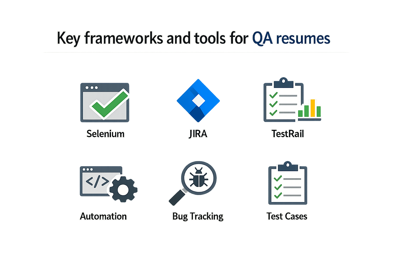 Key frameworks and tools for QA resumes