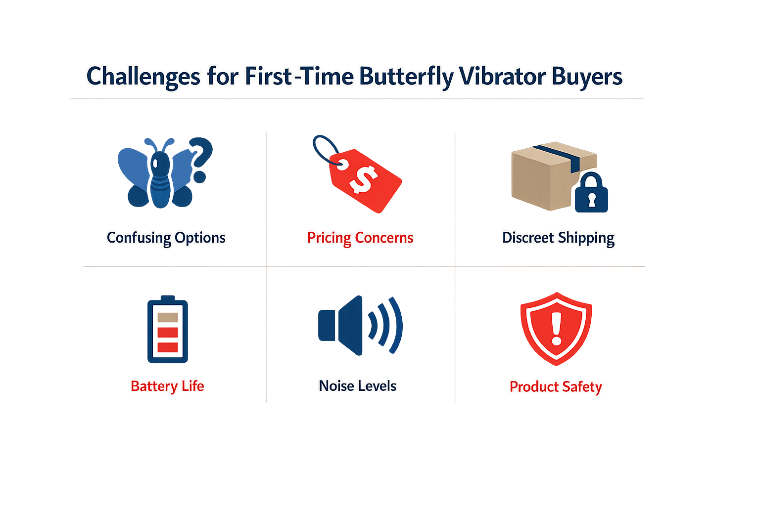 Infographic on challenges faced by first-time buyers of butterfly vibrators.