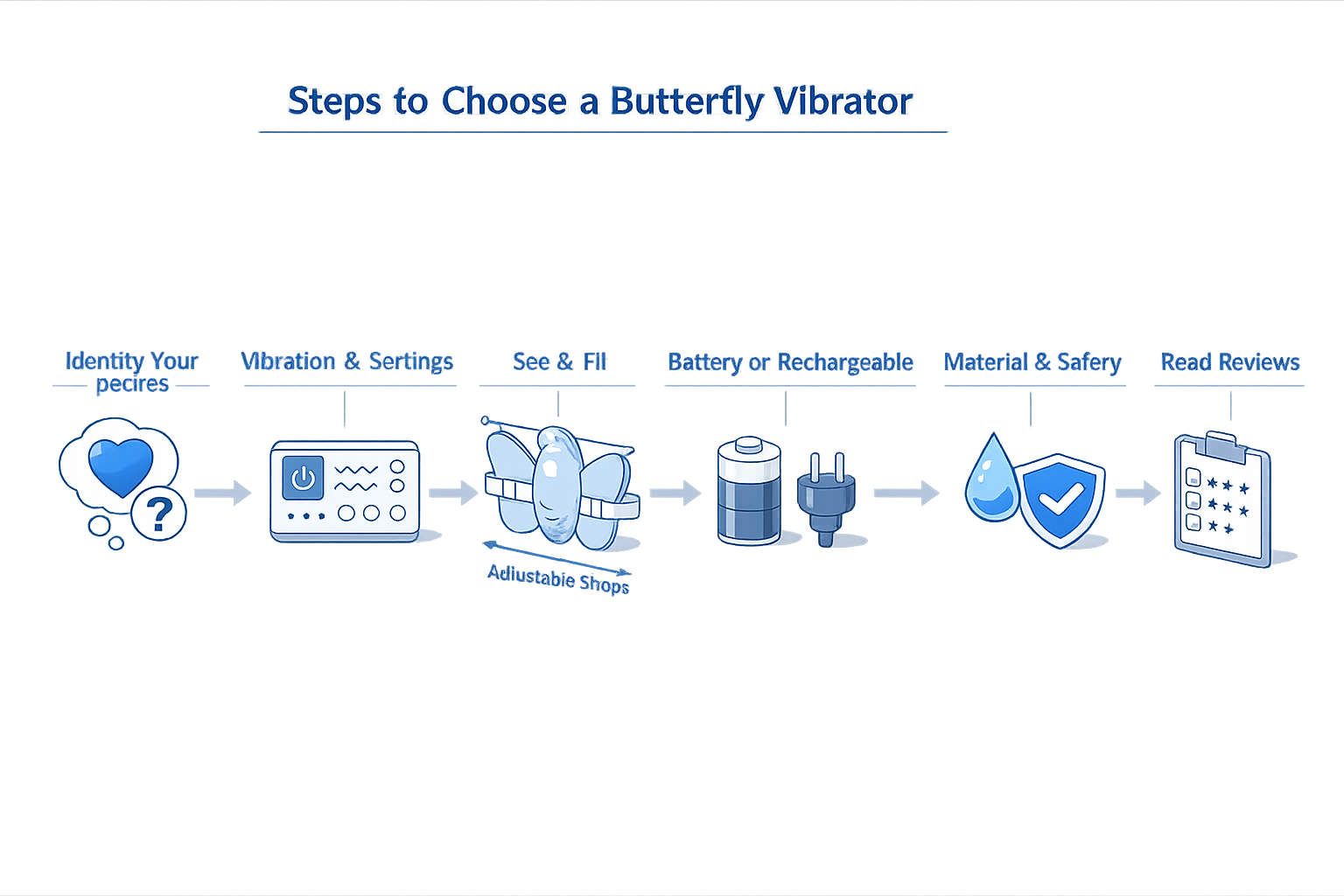 Step-by-step diagram showing how to select the right butterfly vibrator based on material, motor quality, battery life, and size
